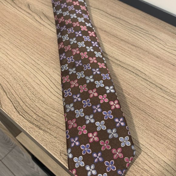 TM LEWIN Brown Blue Pink Floral Silk Neck Tie - Picture 3 of 8